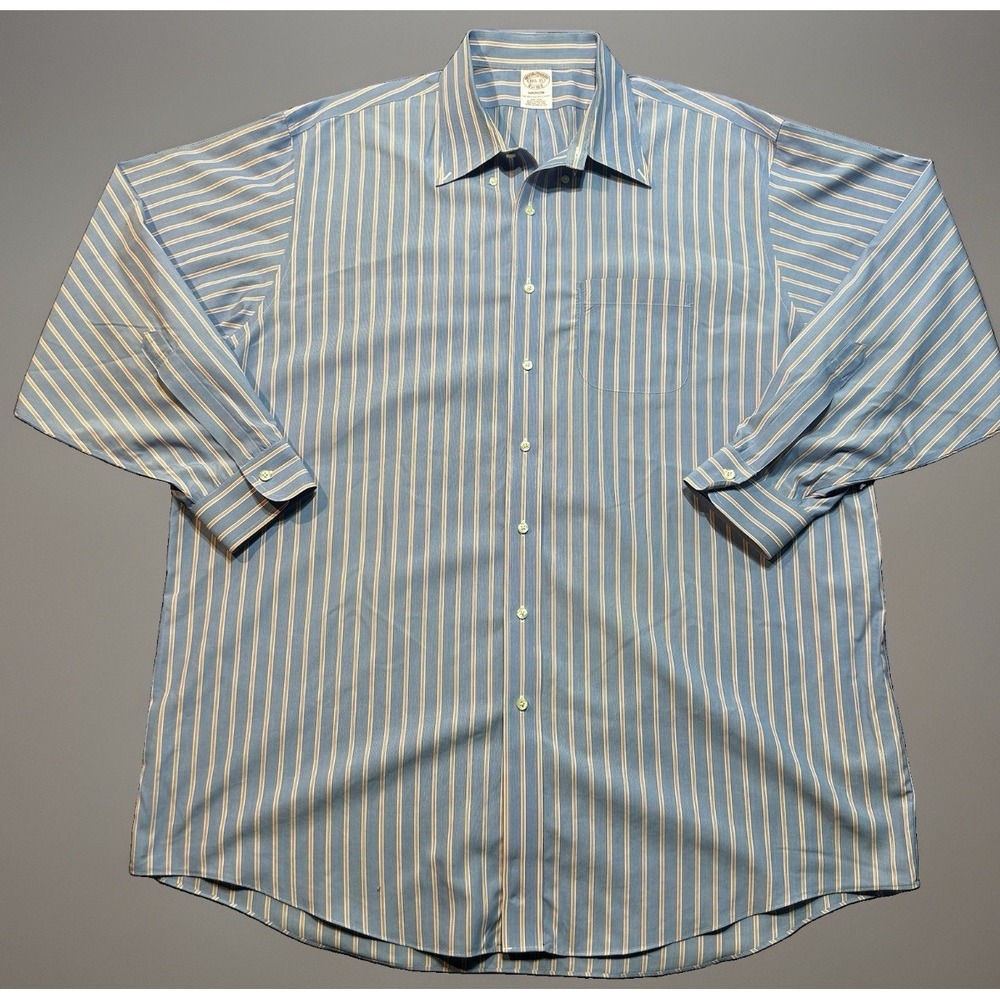 Brooks Brothers Madison Shirt 18.5 35 Blue Orange Multi Stripe Non Iron Supima